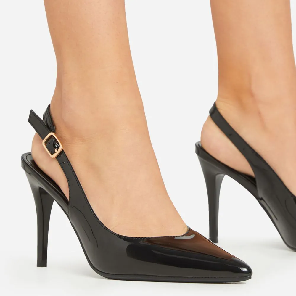 Felicity Pointed Toe Slingback Court Heel In Black Patent