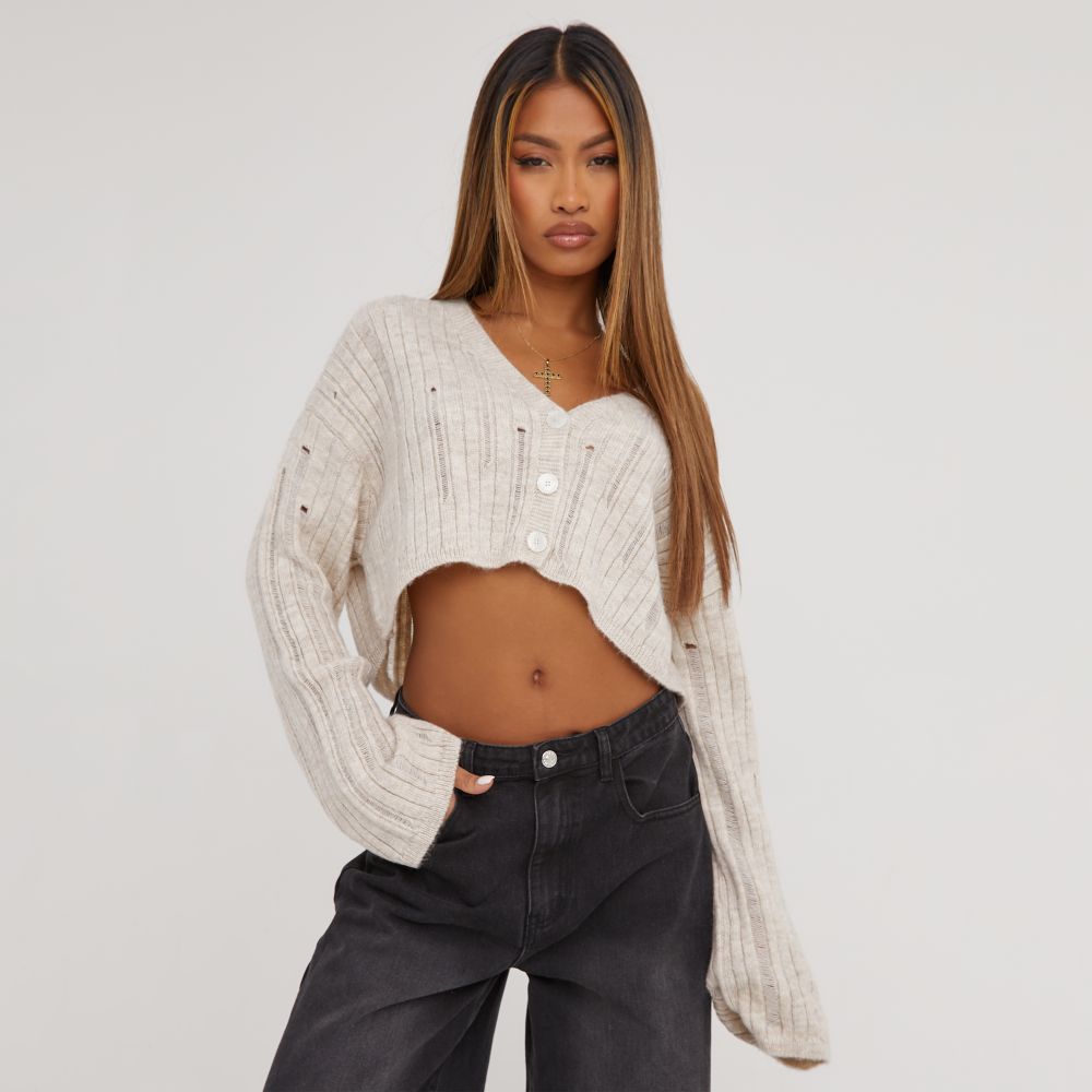 V Neck Button Front Cropped Cardigan In Stone Knit