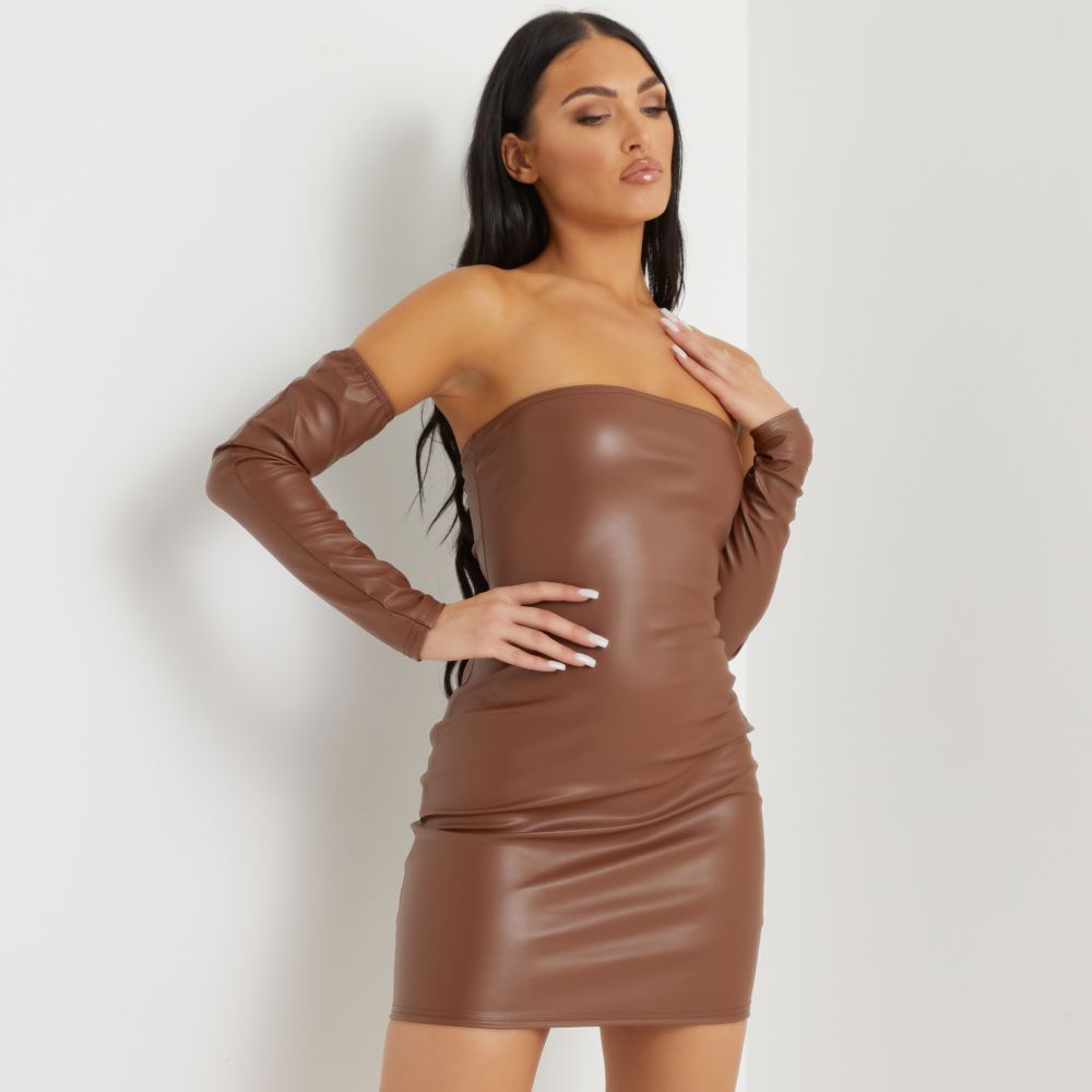 Faux Leather Sleeve Detail Mini Dress In Brown