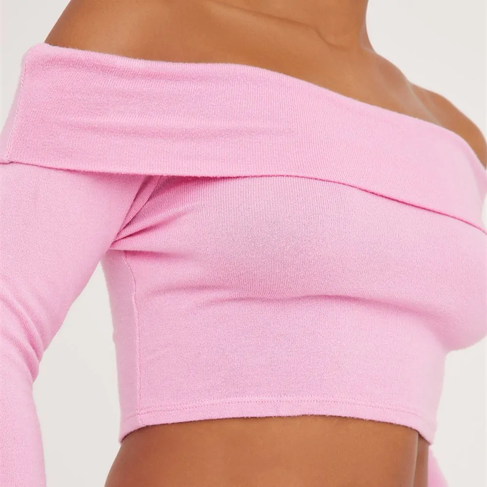 Pink knit long sleeve bardot fold over crop top image 2