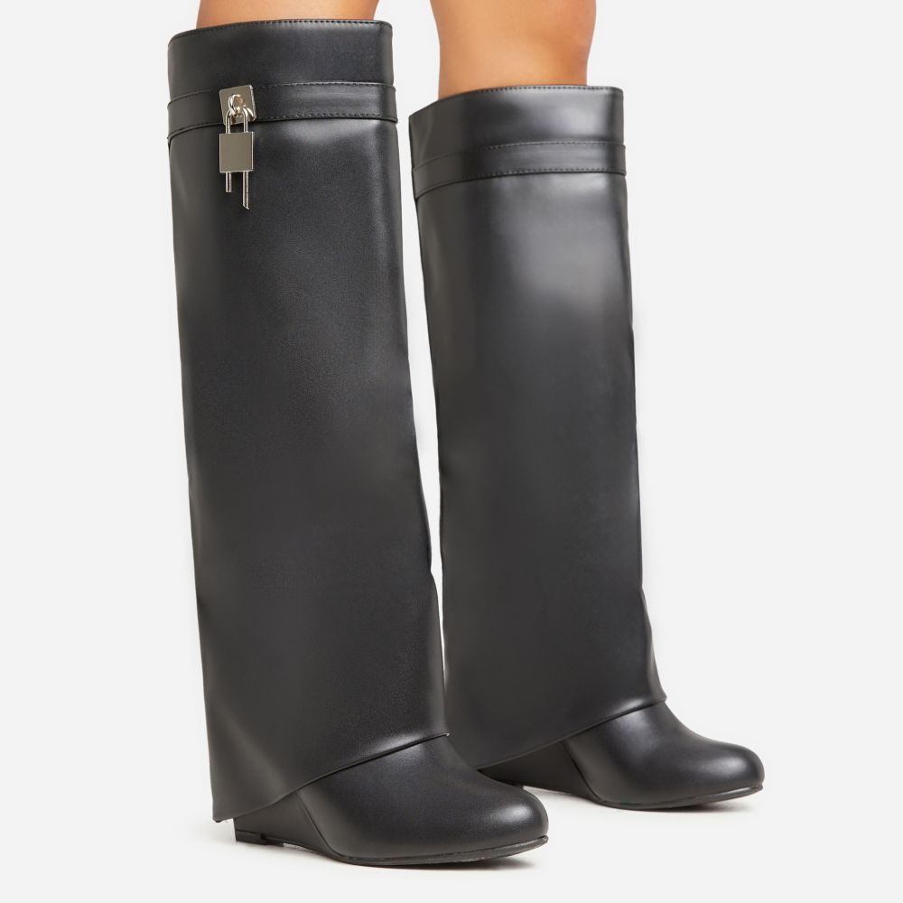 I-AM-THE-ONE PADLOCK DETAIL WEDGE HEEL KNEE HIGH LONG BOOT IN BLACK FAUX LEATHER EGO