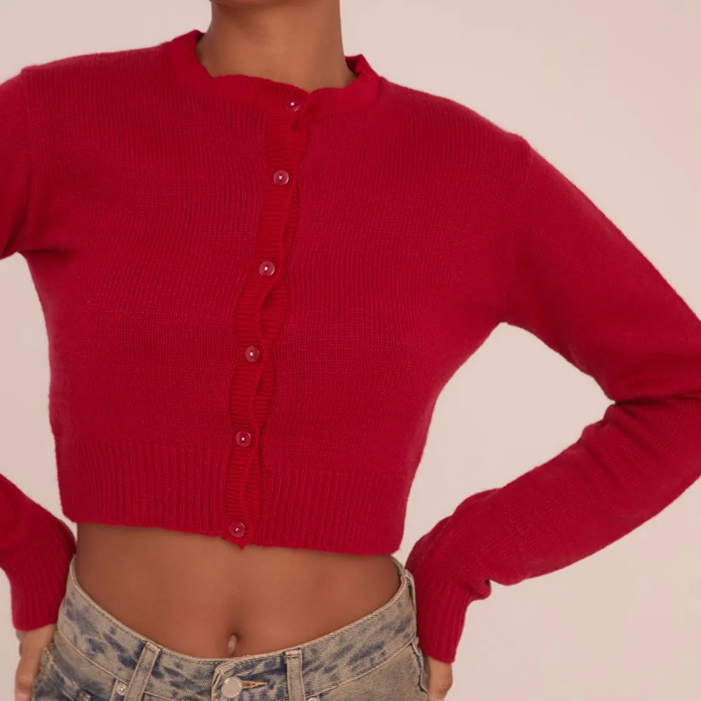 Long Sleeve Button Front Cropped Cardigan In Red Knit