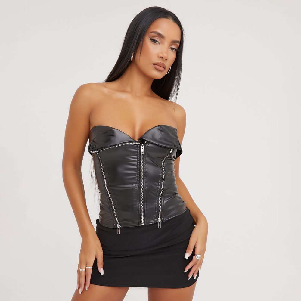 FAUX LEATHER STUD DETAILED ZIP FRONT CORSET TOP