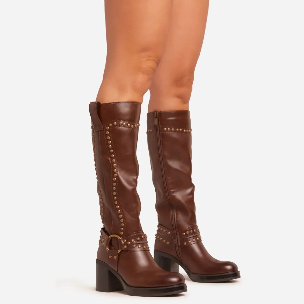 Leilia Stud Ring Detail Platform Block Heel Knee High Long Boot In Brown Faux Leather