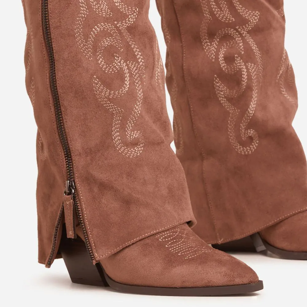 Vivian Embroidered Side Zip Detail Pointed Toe Knee High Western Cowboy Boot In Taupe Faux Suede