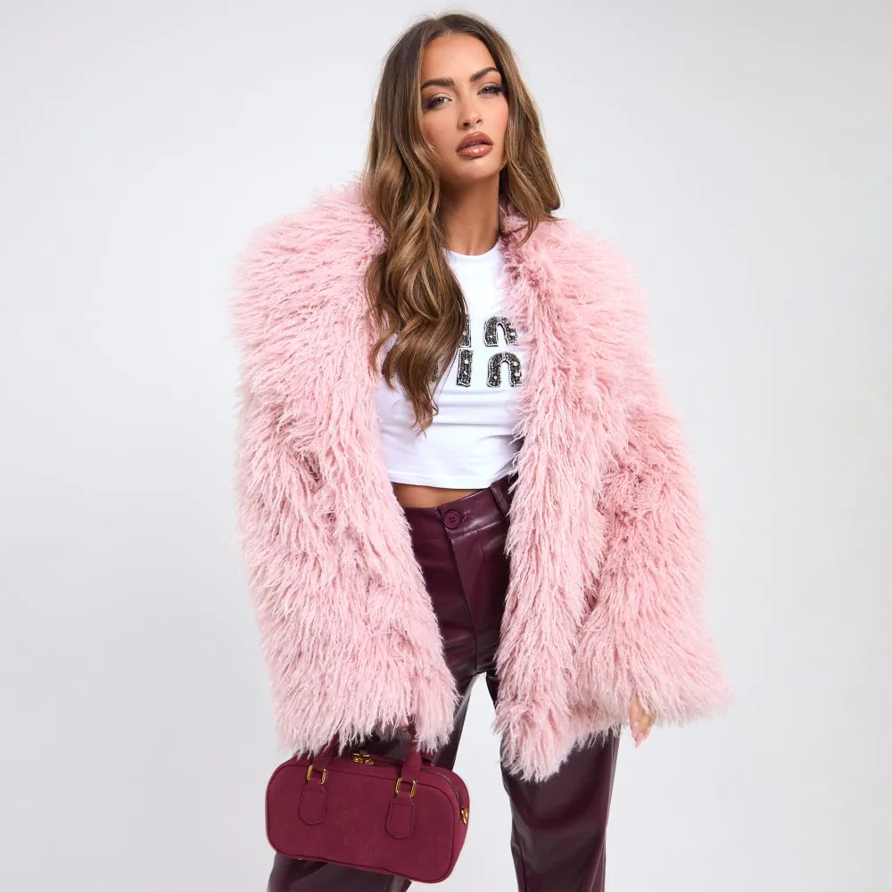 Oversized Collar Shaggy Coat In Pink Faux Fur EGO