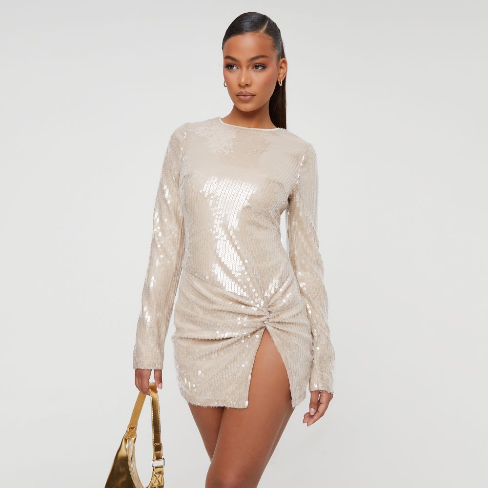 Long Sleeve Twisted Front Split Detail Mini Dress In Nude Sequin Ego