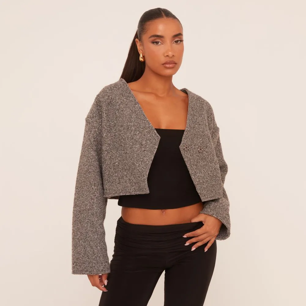 Asymmetric Button Front Cropped Jacket In Grey Faux Wool