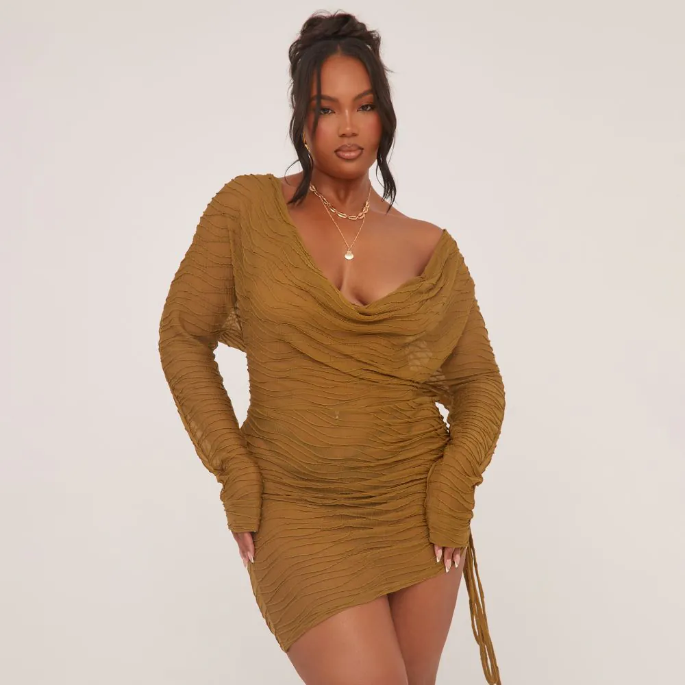 Plus Long Sleeve Cowl Neck Ruched Side Mini Dress In Olive Green Texture EGO