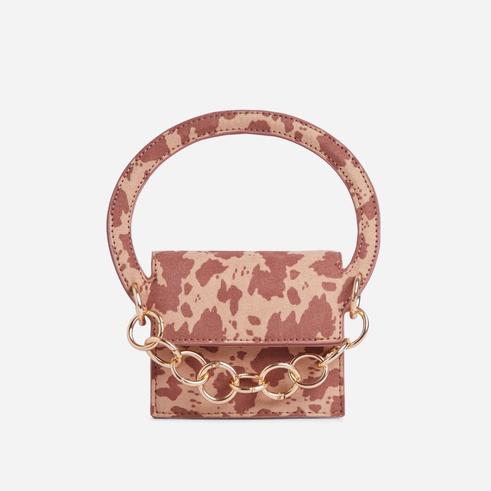 Parker Chain Detail Circle Handle Grab Bag In Brown Cow Print Faux