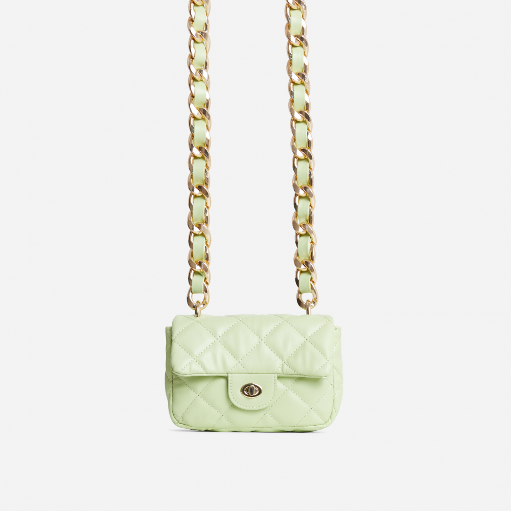 Coral Quilted Chain Strap Detail Cross Body Bag In Green Faux Leather