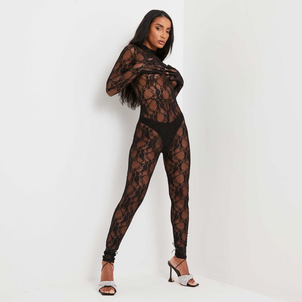 High Neck Long Sleeve Glove Jumpsuit In Black Lace