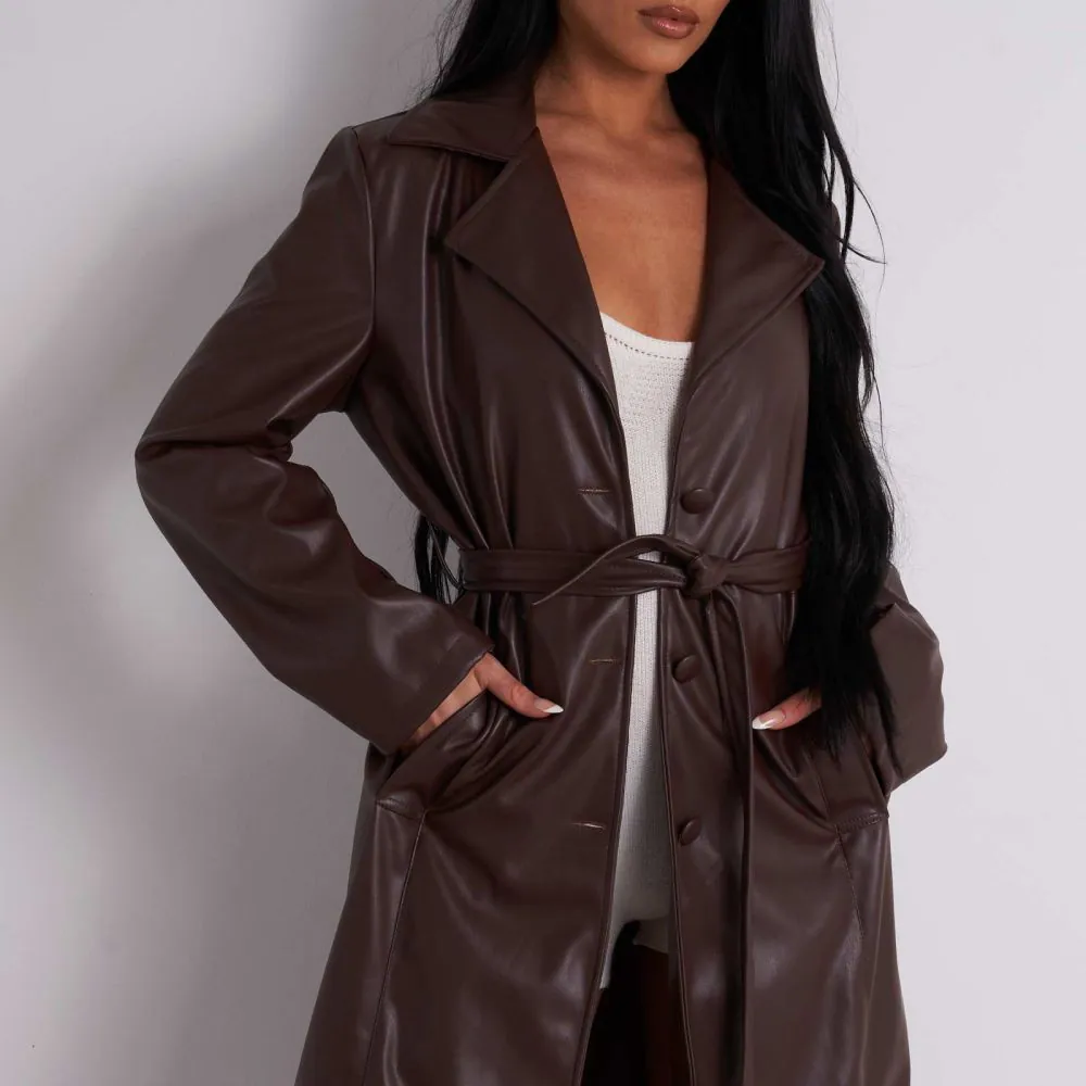 dark brown leather trench coat