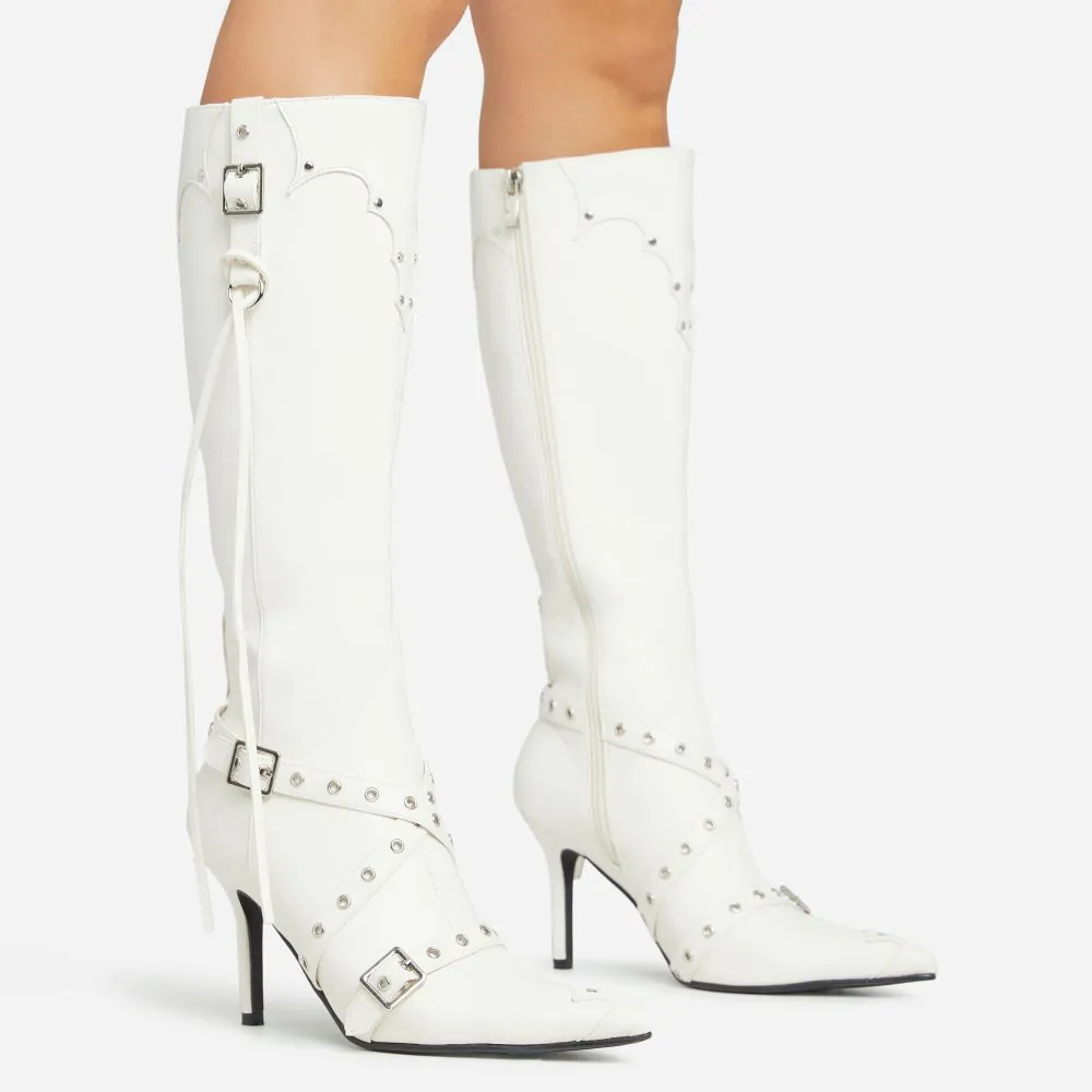 Gunner Eyelet Buckle Detail Pointed Toe Stiletto Heel Knee High Long Boot In Cream Faux Leather