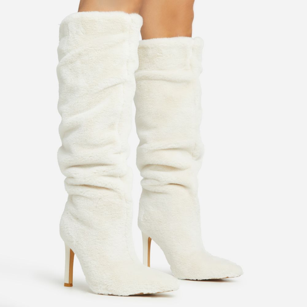 Embrace Pointed Toe Stiletto Heel Slouched Mid Calf Boot In Cream Faux ...