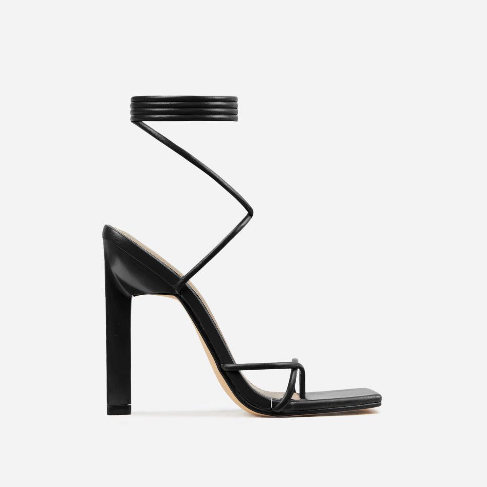 Into-You Lace Up Square Toe Sculptured Block Heel In Black Faux Leather