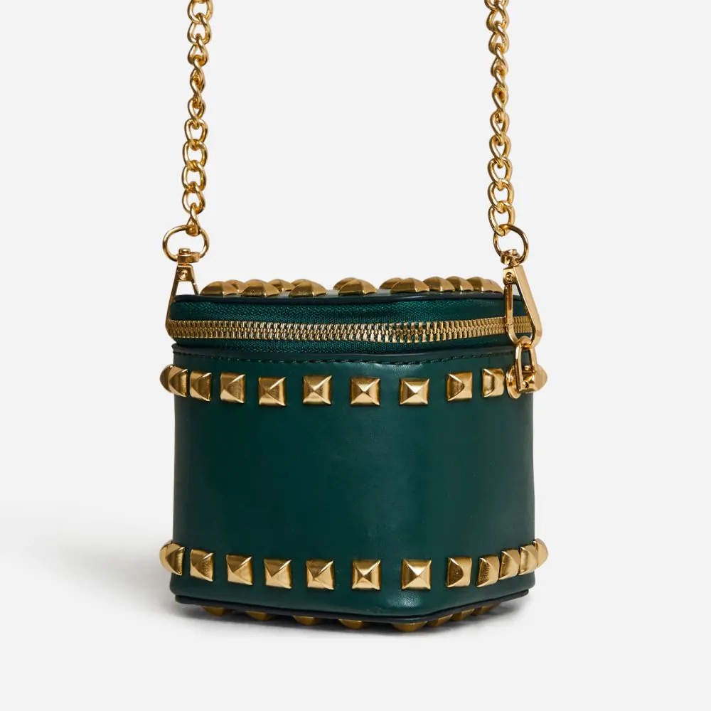 Narna Studded Detail Vanity Box Cross Body Bag In Dark Green Faux Leather