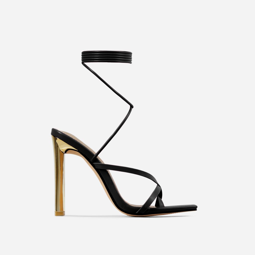 Campbell Lace Up Strappy Square Toe Thin Metallic Block Heel In Black ...