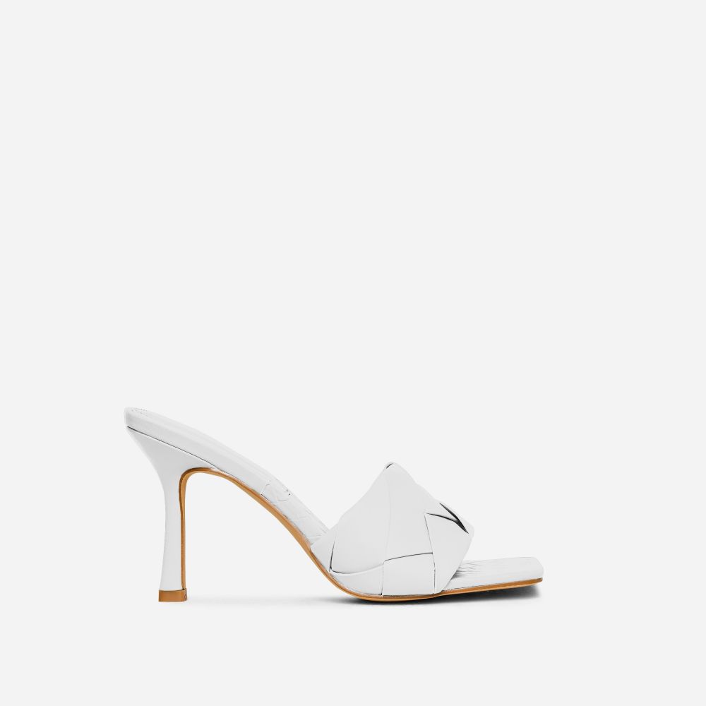 Turntup Woven Square Peep Toe Mule In White Faux Leather