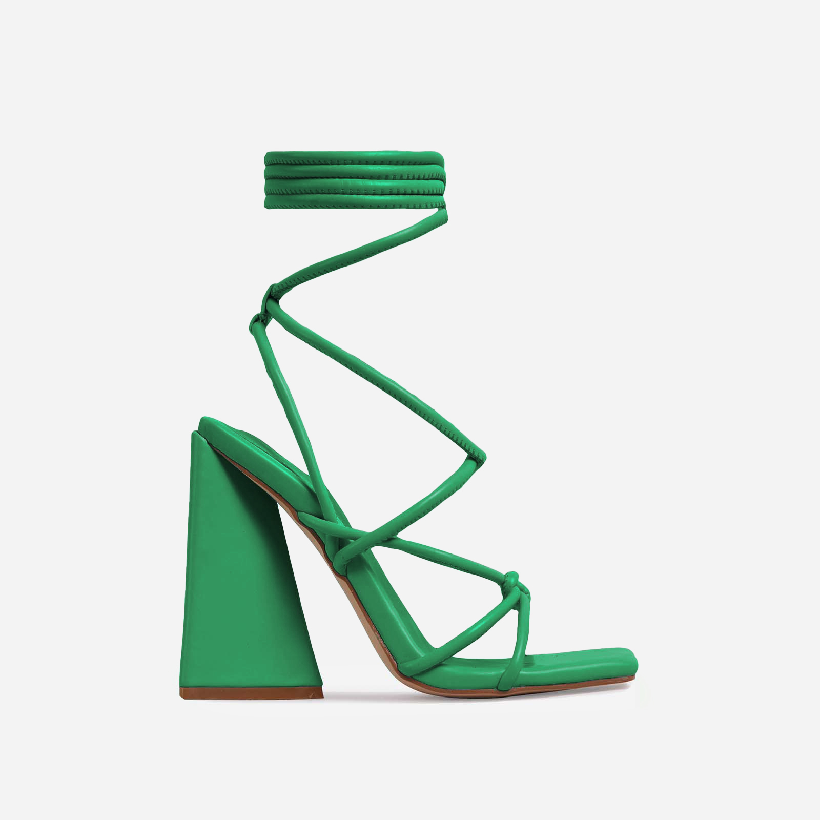 Date-Night Knotted Detail Lace Up Square Toe Sculptured Flared Block Heel In Bright Green Faux Leather, Green (EGO SHOES)