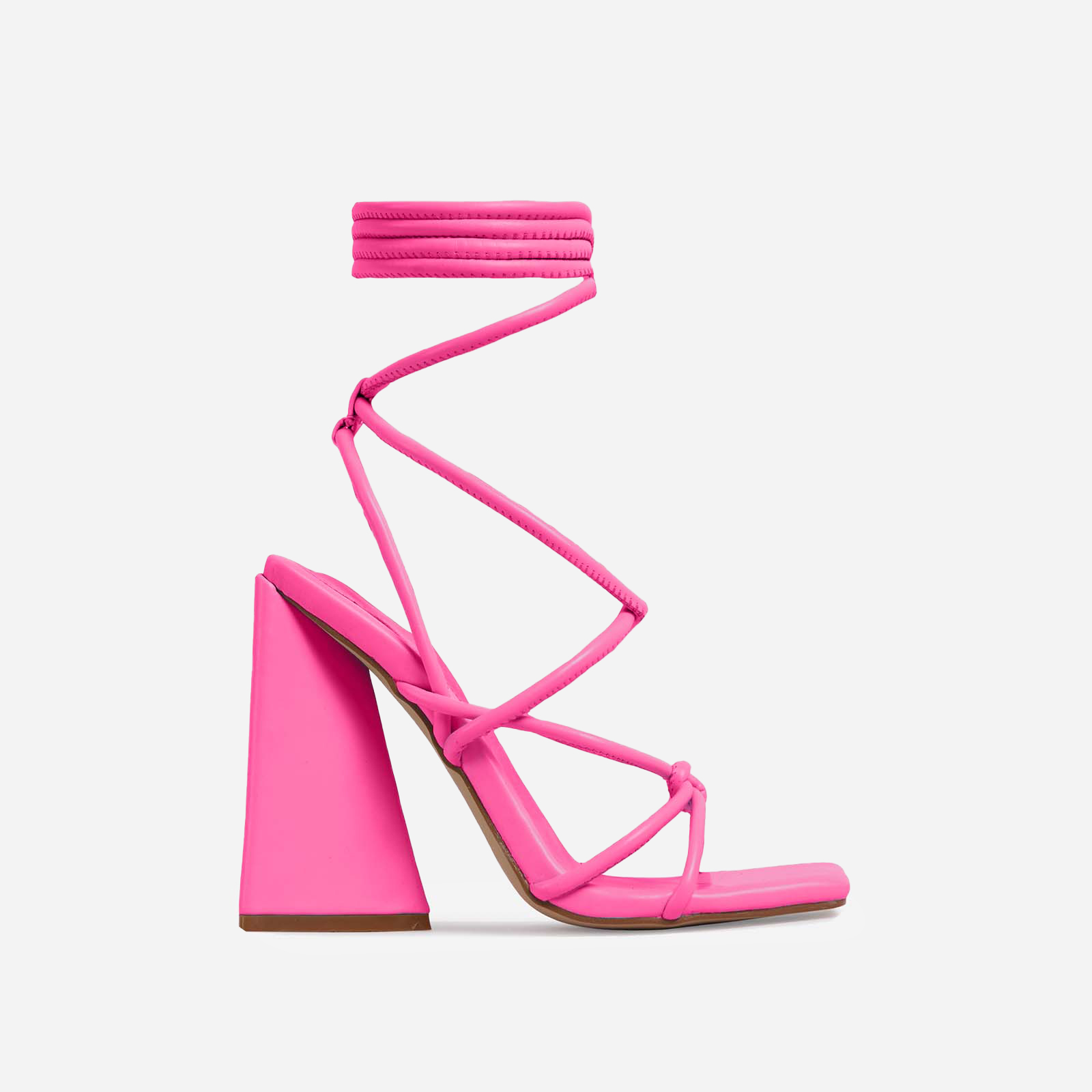 Date-Night Knotted Detail Lace Up Square Toe Sculptured Flared Block Heel In Bright Pink Faux Leather, Pink (EGO SHOES)