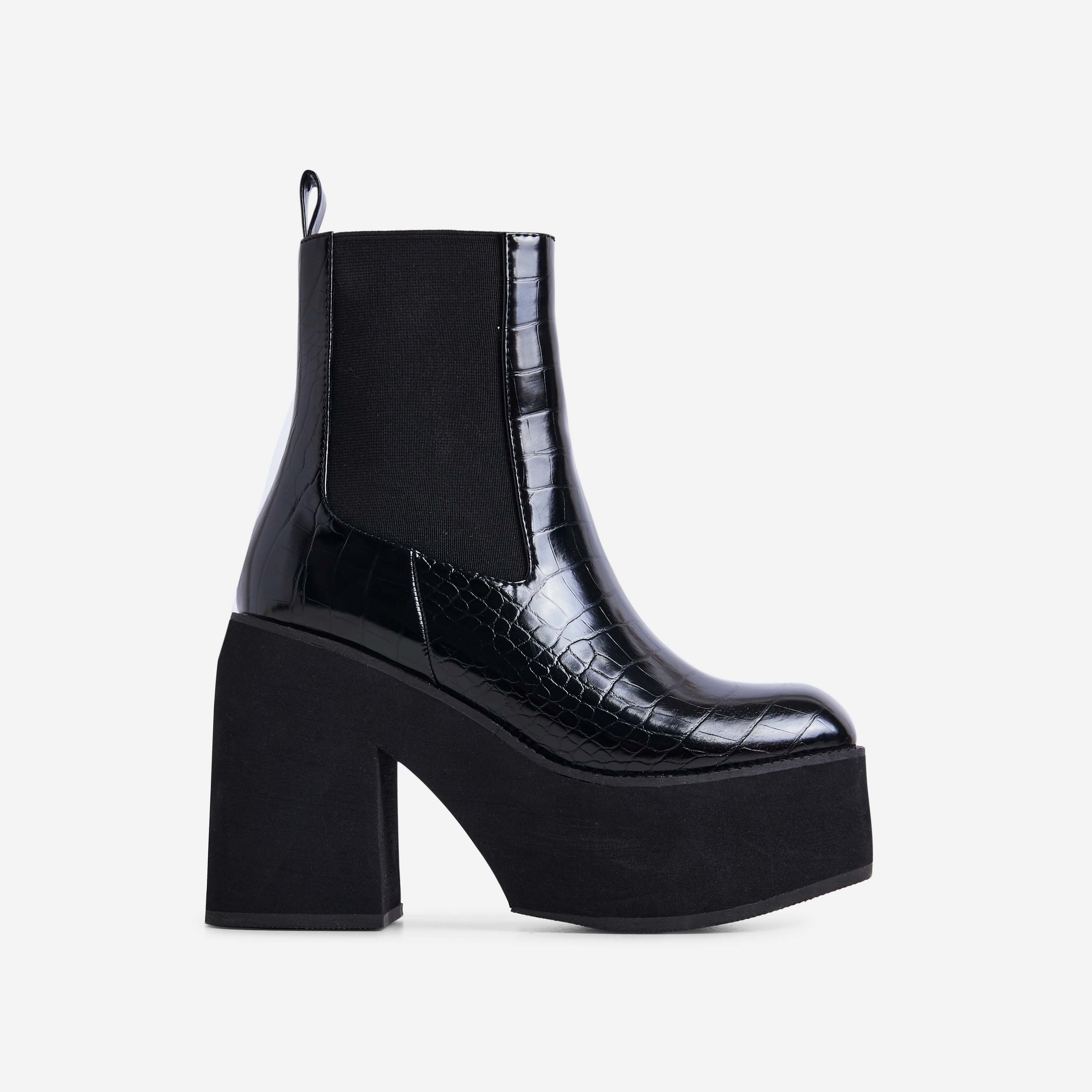 Denver Platform Sole Block Heel Ankle Chelsea Biker Boot In Black Croc Print Patent, Black (EGO SHOES)