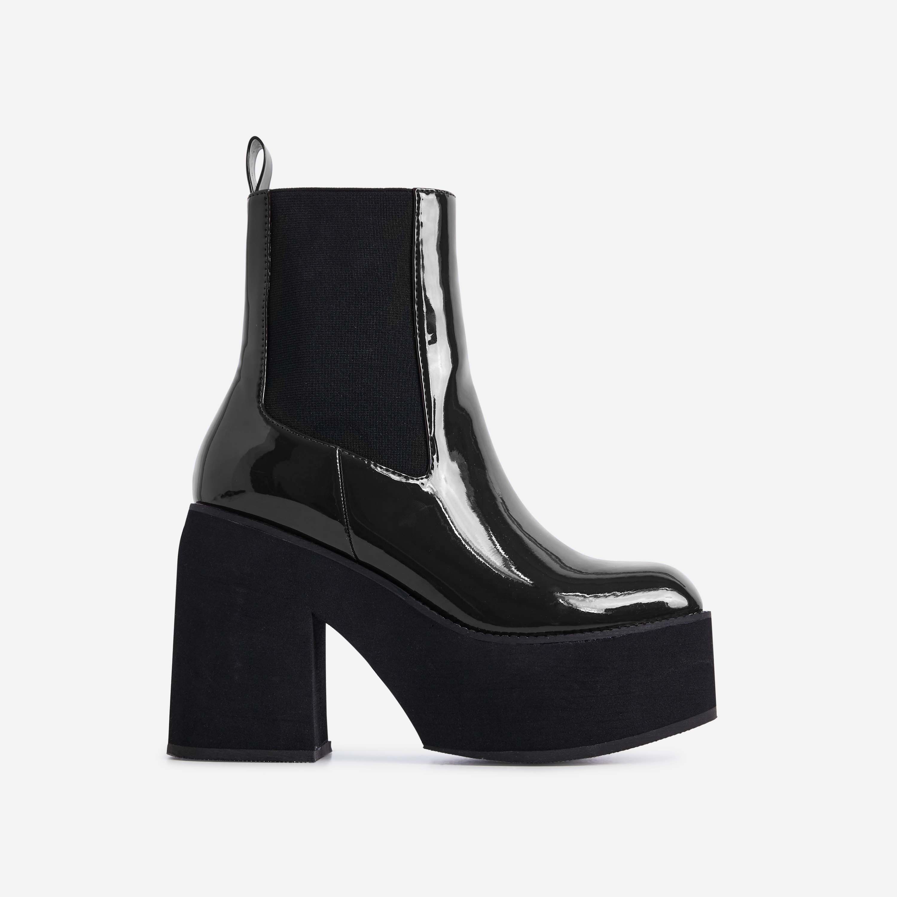 Denver Platform Sole Block Heel Ankle Chelsea Biker Boot In Black Patent, Black (EGO SHOES)