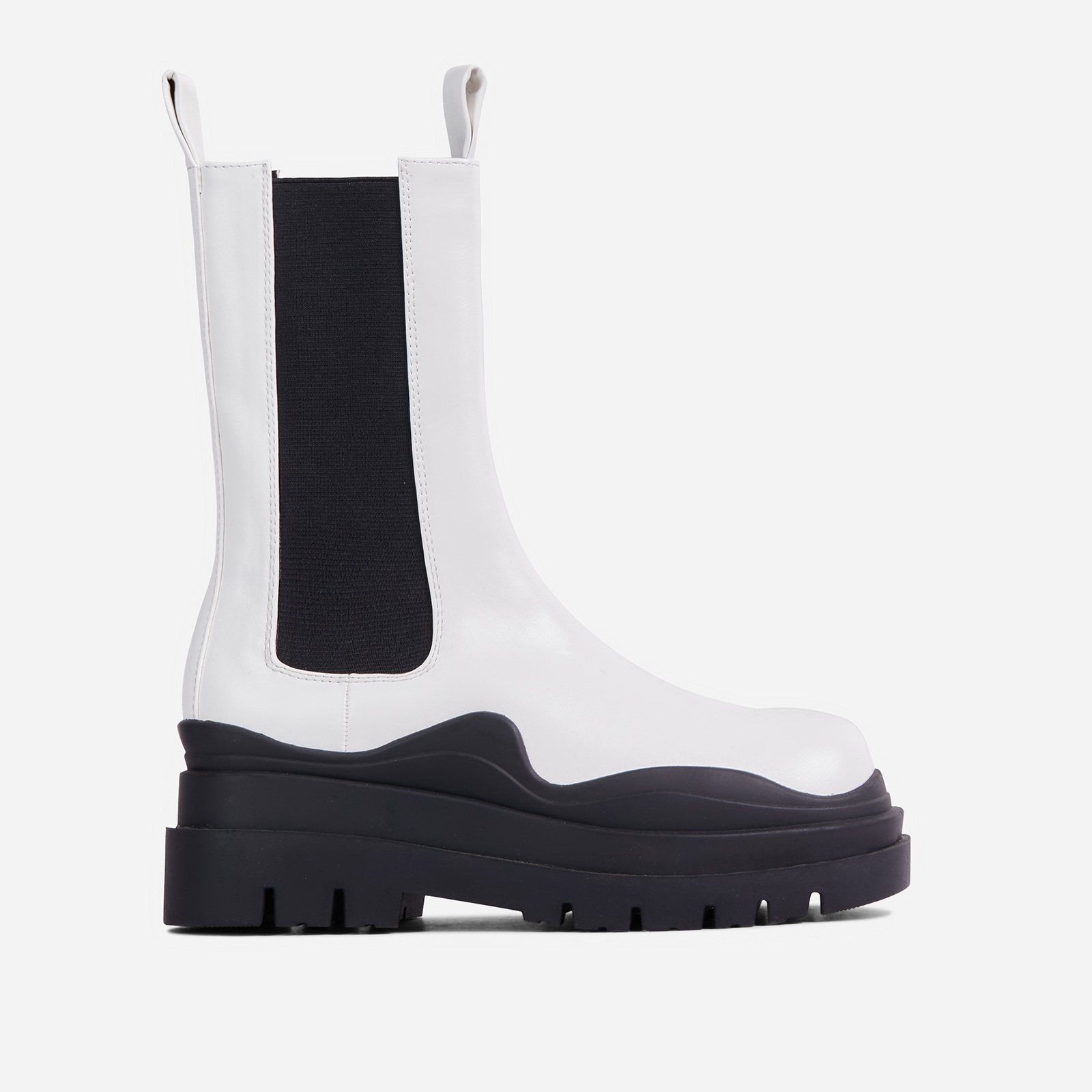 Energy Black Chunky Sole Ankle Chelsea Biker Boot In White Faux Leather, White (EGO SHOES)