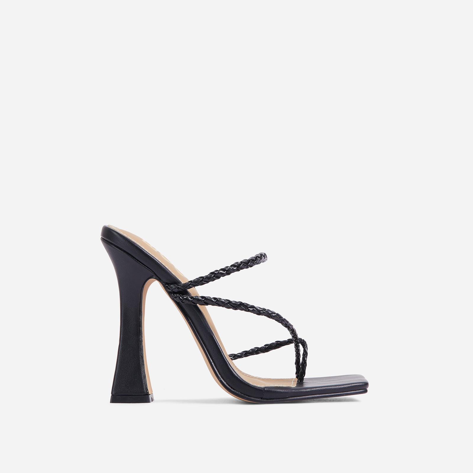 Tahiti Strappy Plait Detail Square Toe Heel Mule In Black Faux Leather, Black (EGO SHOES)