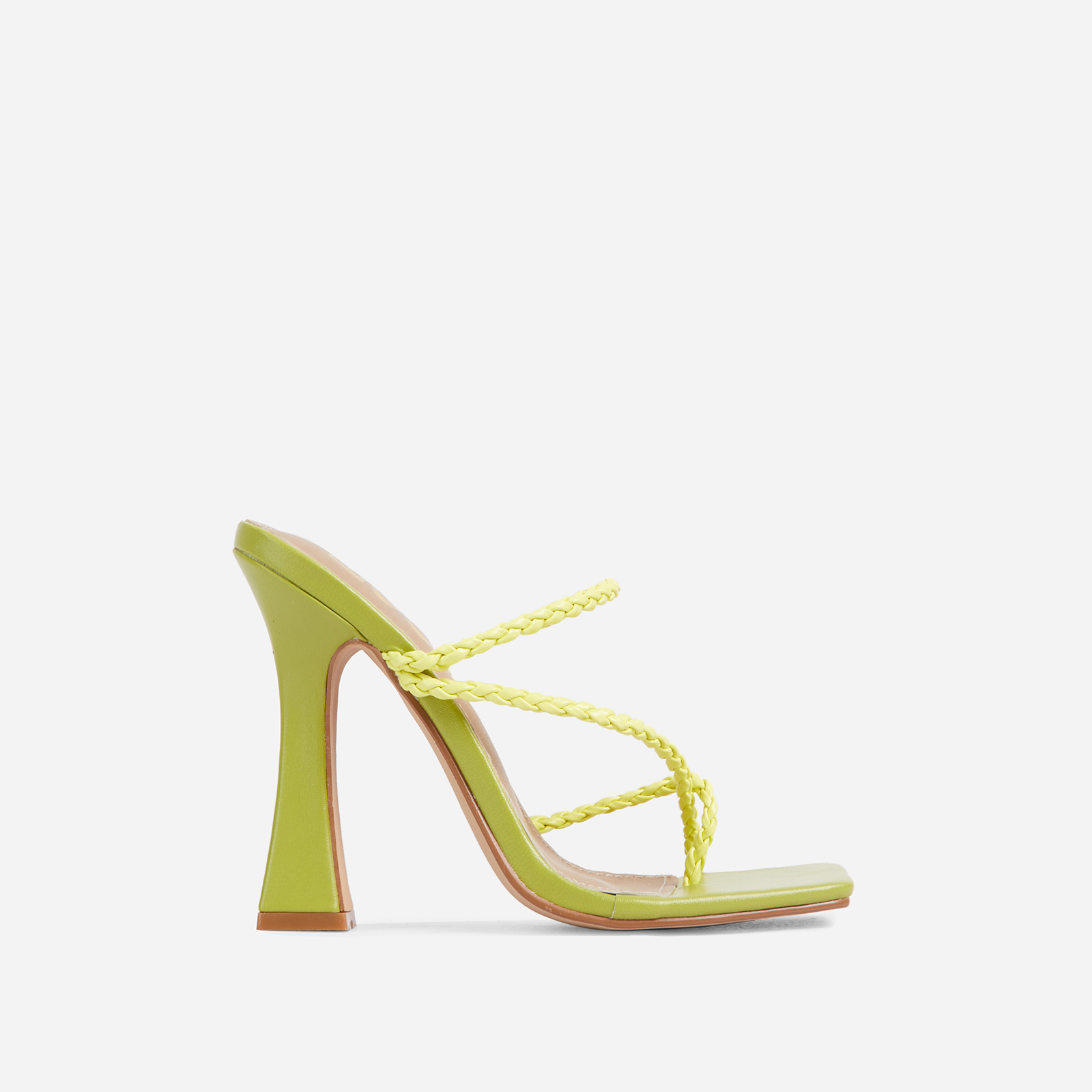 Tahiti Strappy Plait Detail Square Toe Heel Mule In Green Faux Leather, Green (EGO SHOES)