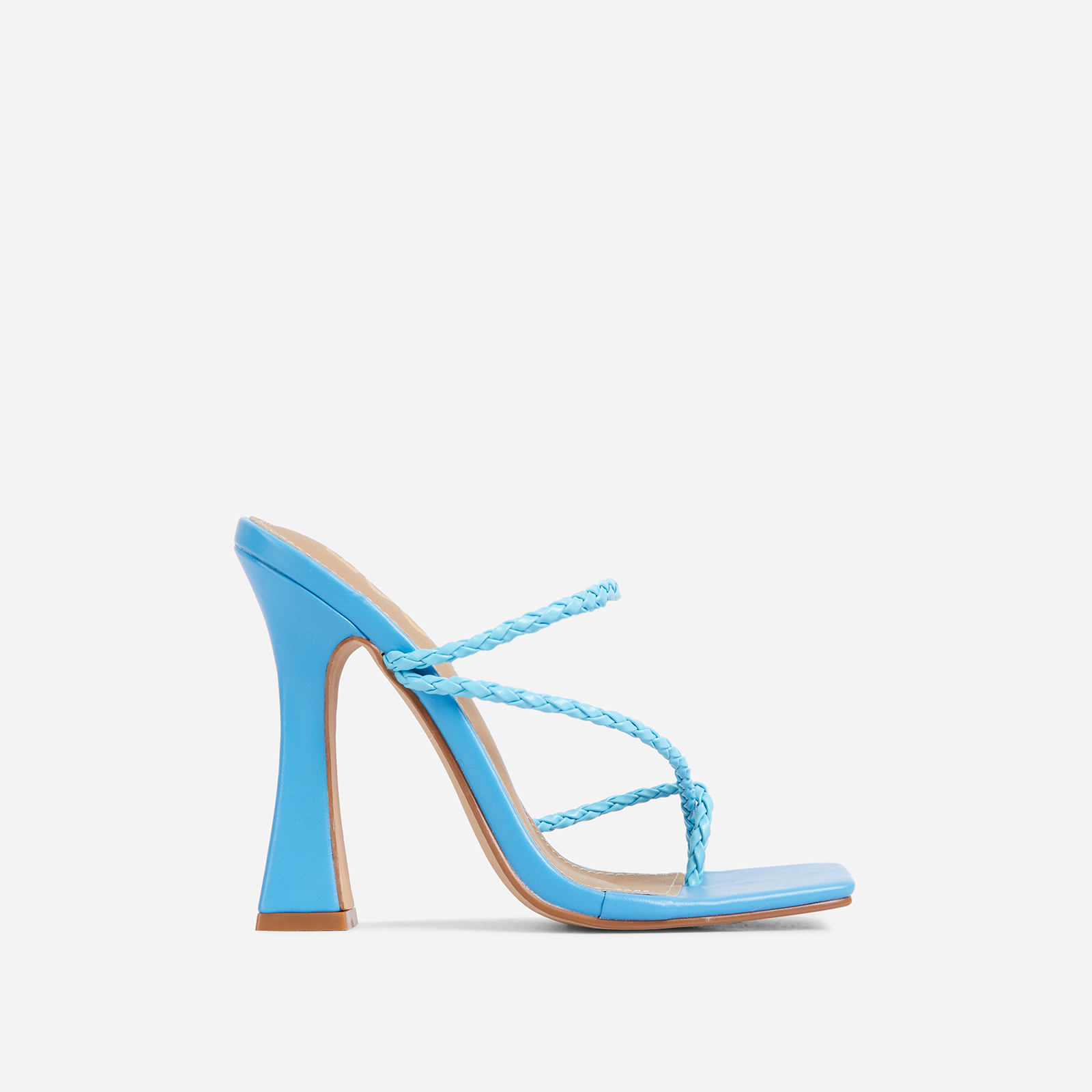 Tahiti Strappy Plait Detail Square Toe Heel Mule In Blue Faux Leather, Blue (EGO SHOES)