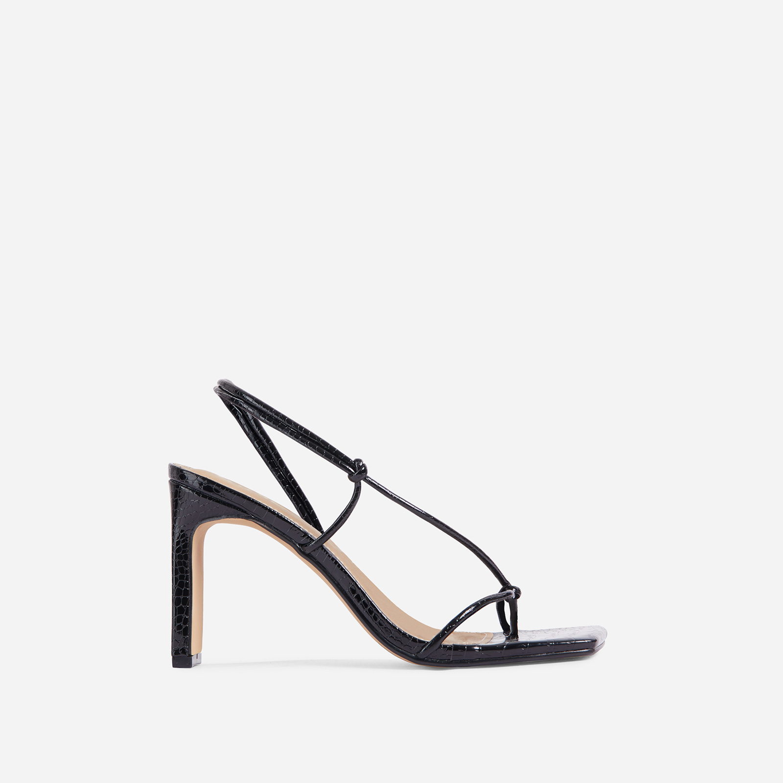 Marble Square Toe Knot Detail Heel In Black Croc Print Patent, Black (EGO SHOES)