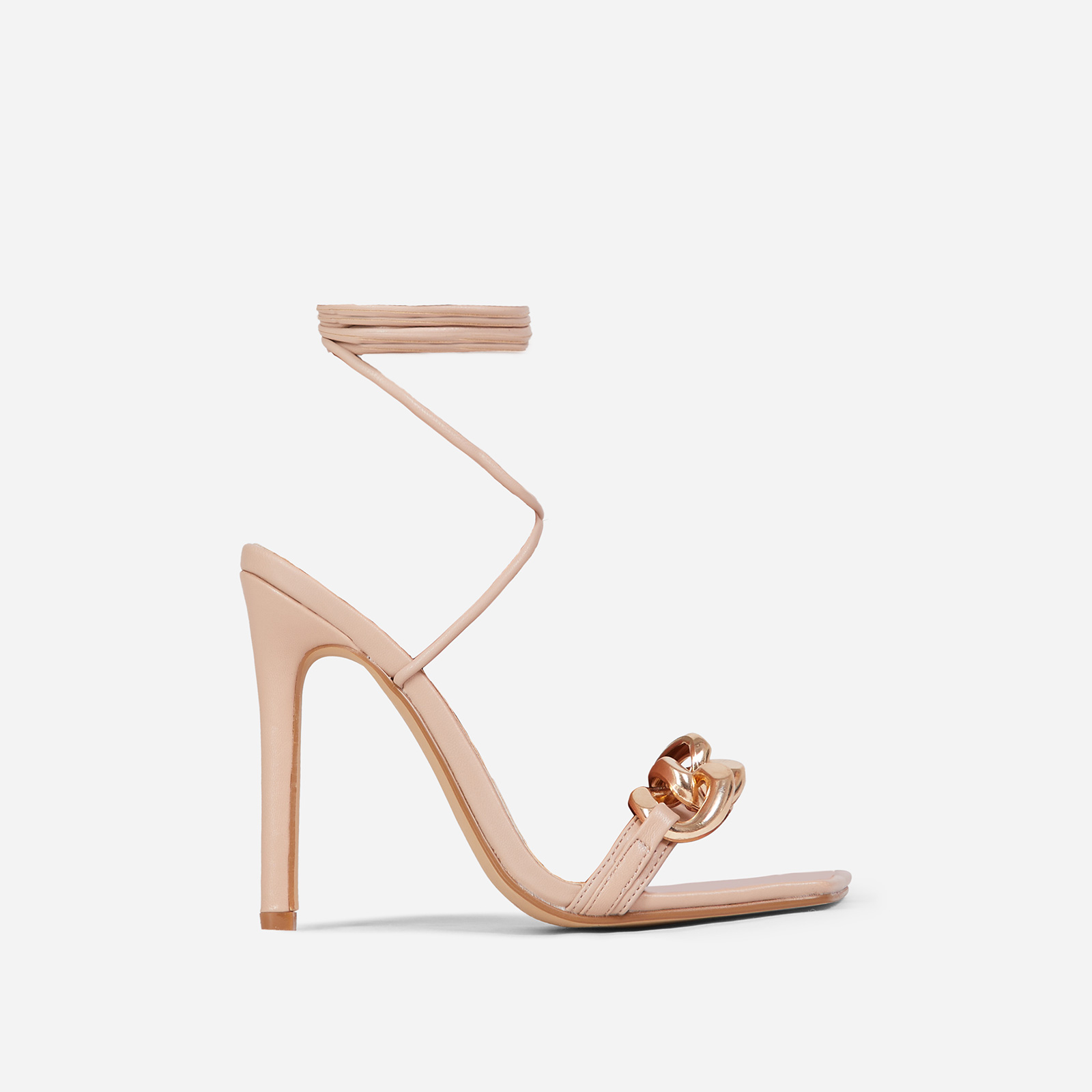 Ring-Leader Chunky Chain Detail Lace Up Square Toe Heel In Nude Faux Leather, Nude (EGO SHOES)