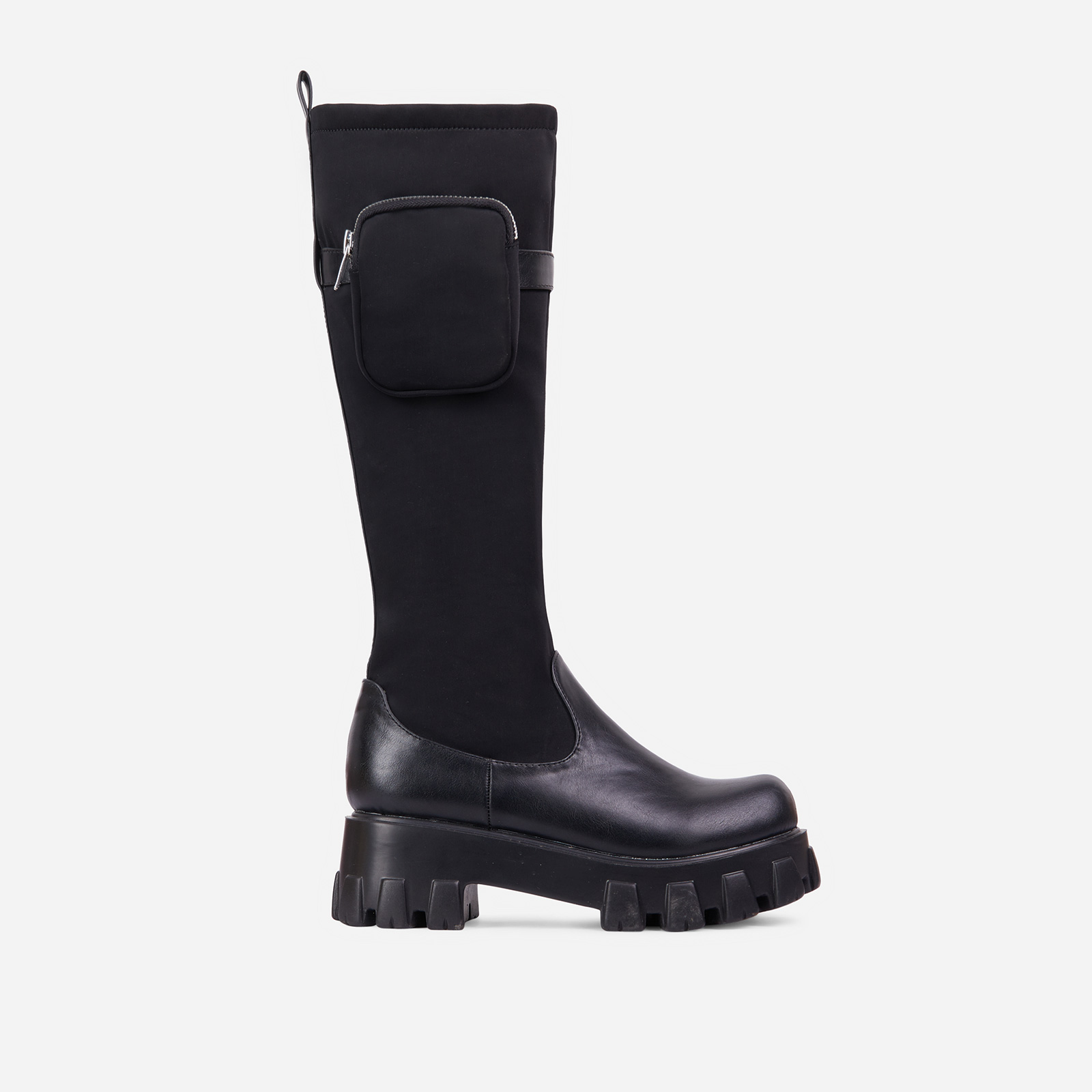 Galleria Pocked Detail Chunky Sole Knee High Long Biker Boot In Black Nylon And Faux Leather, Black (EGO SHOES)