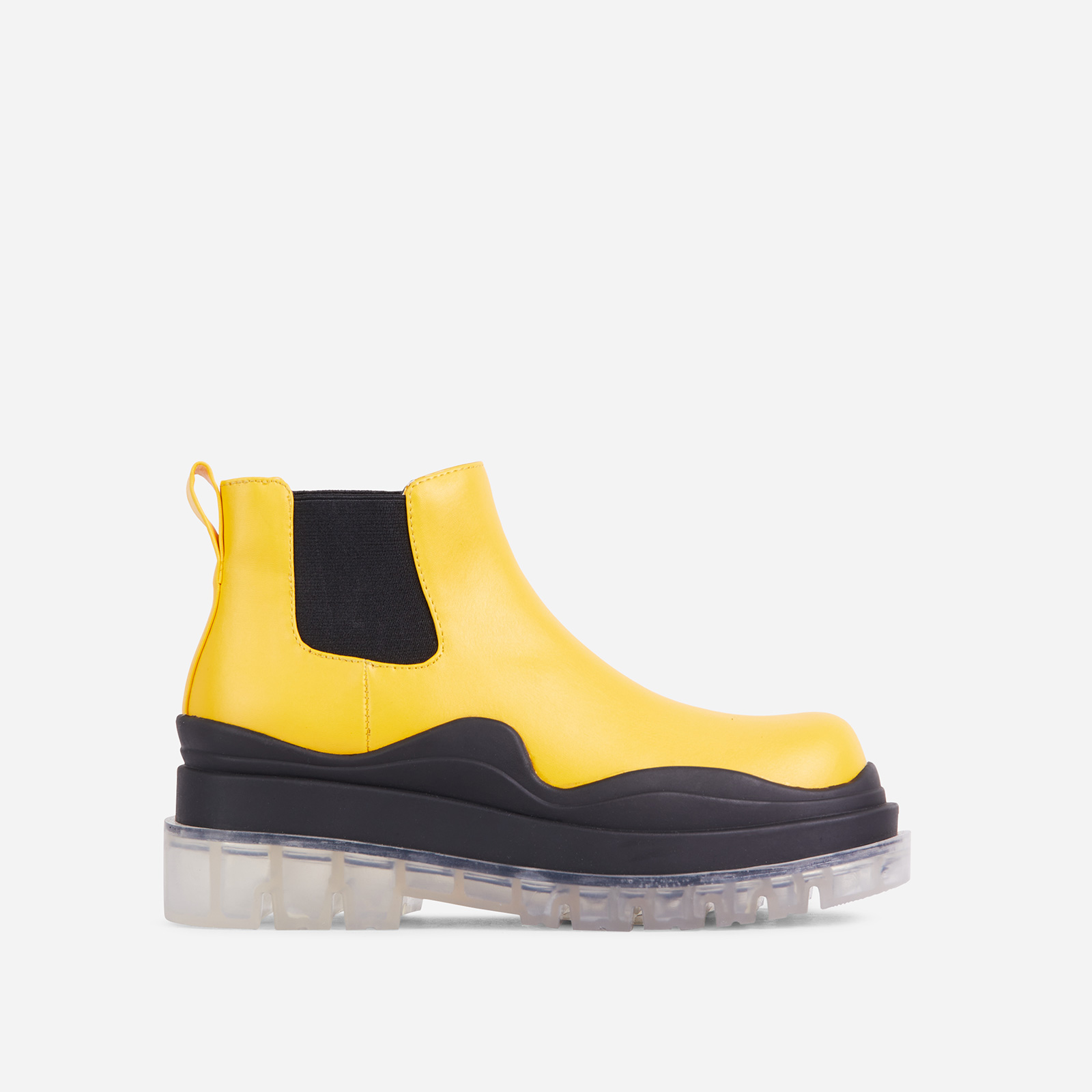 Truly Clear Perspex Chunky Sole Ankle Chelsea Biker Boot In Yellow Faux Leather, Yellow (EGO SHOES)