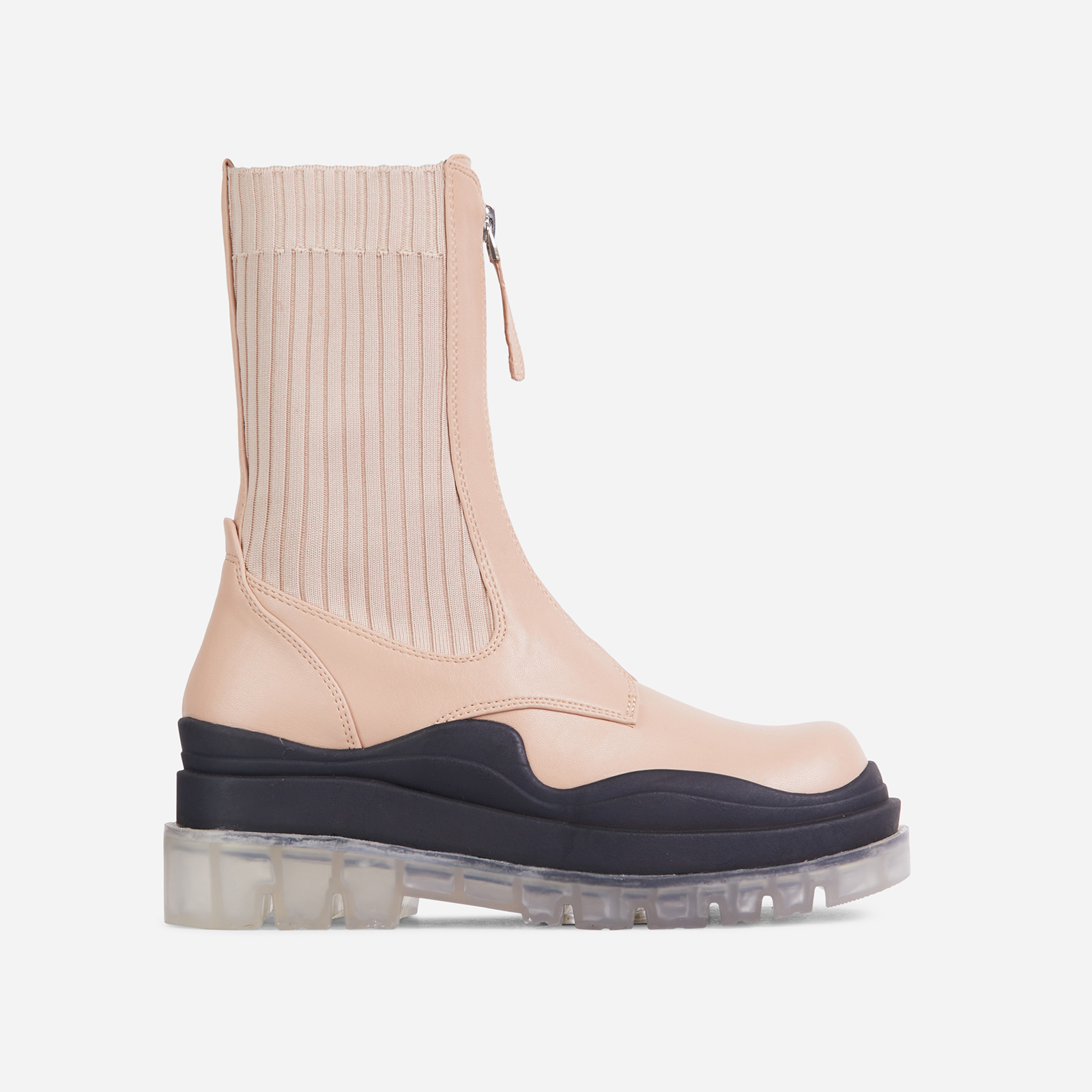 Staying Knitted Zip Up Detail Clear Perspex Chunky Sole Ankle Biker Boot In Nude Faux Leather, Nude (EGO SHOES)