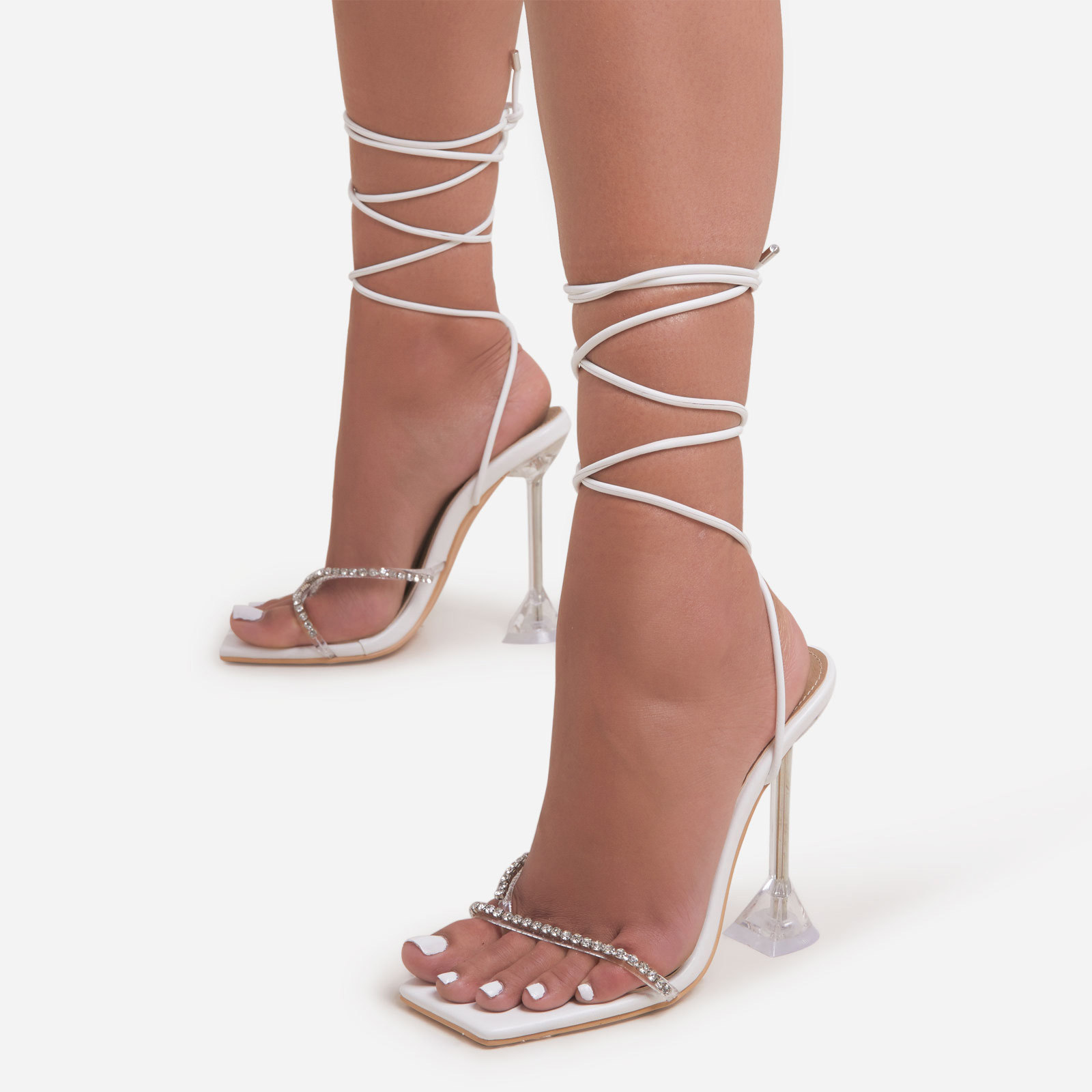 Romantic Wide Fit Diamante Detail Lace Up Square Toe Clear Perspex Sculptured Heel In White Faux Leather, White (EGO SHOES)