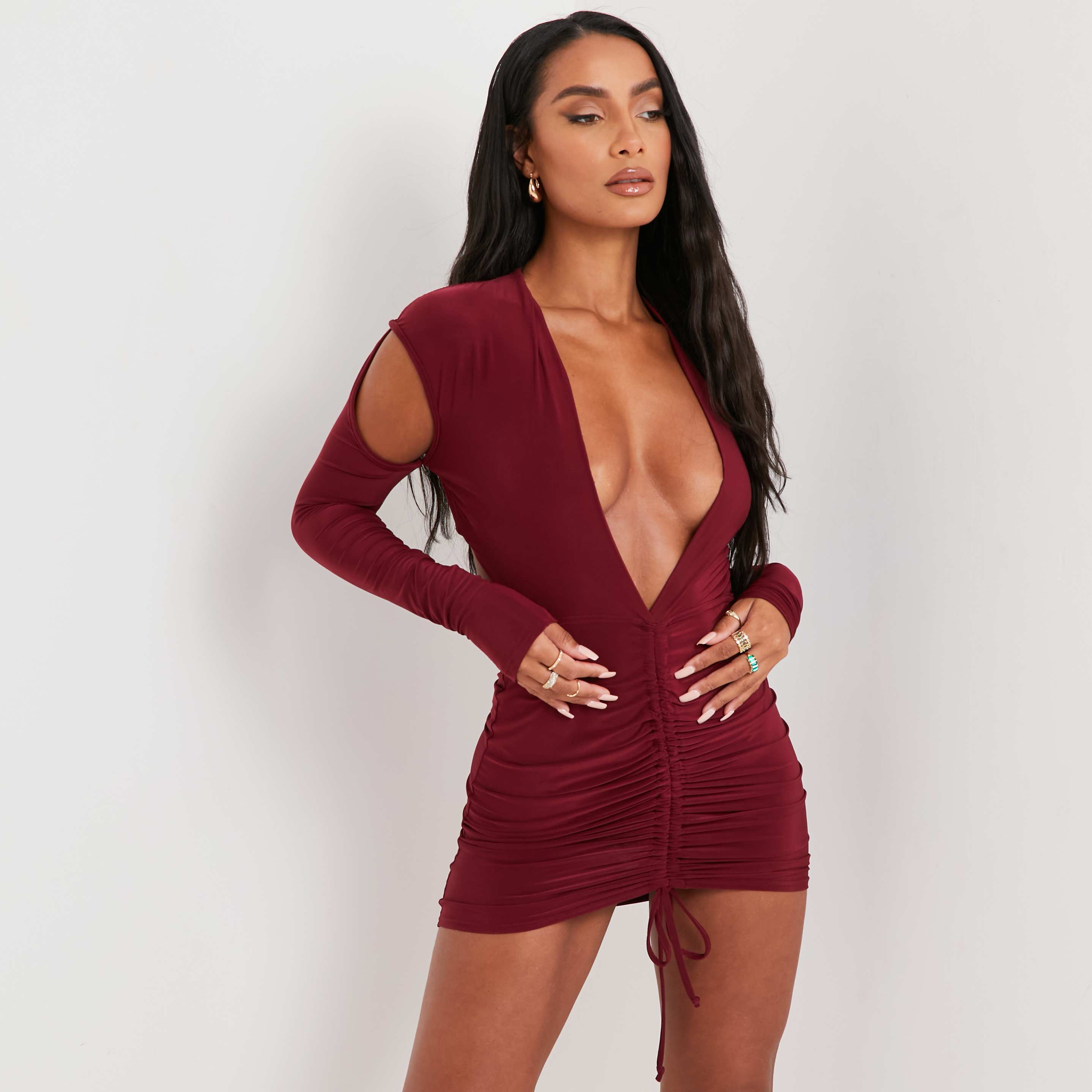 Long Sleeve Ruched Detail Cut Out Plunge Bodycon Dress In Red UK 10, Red