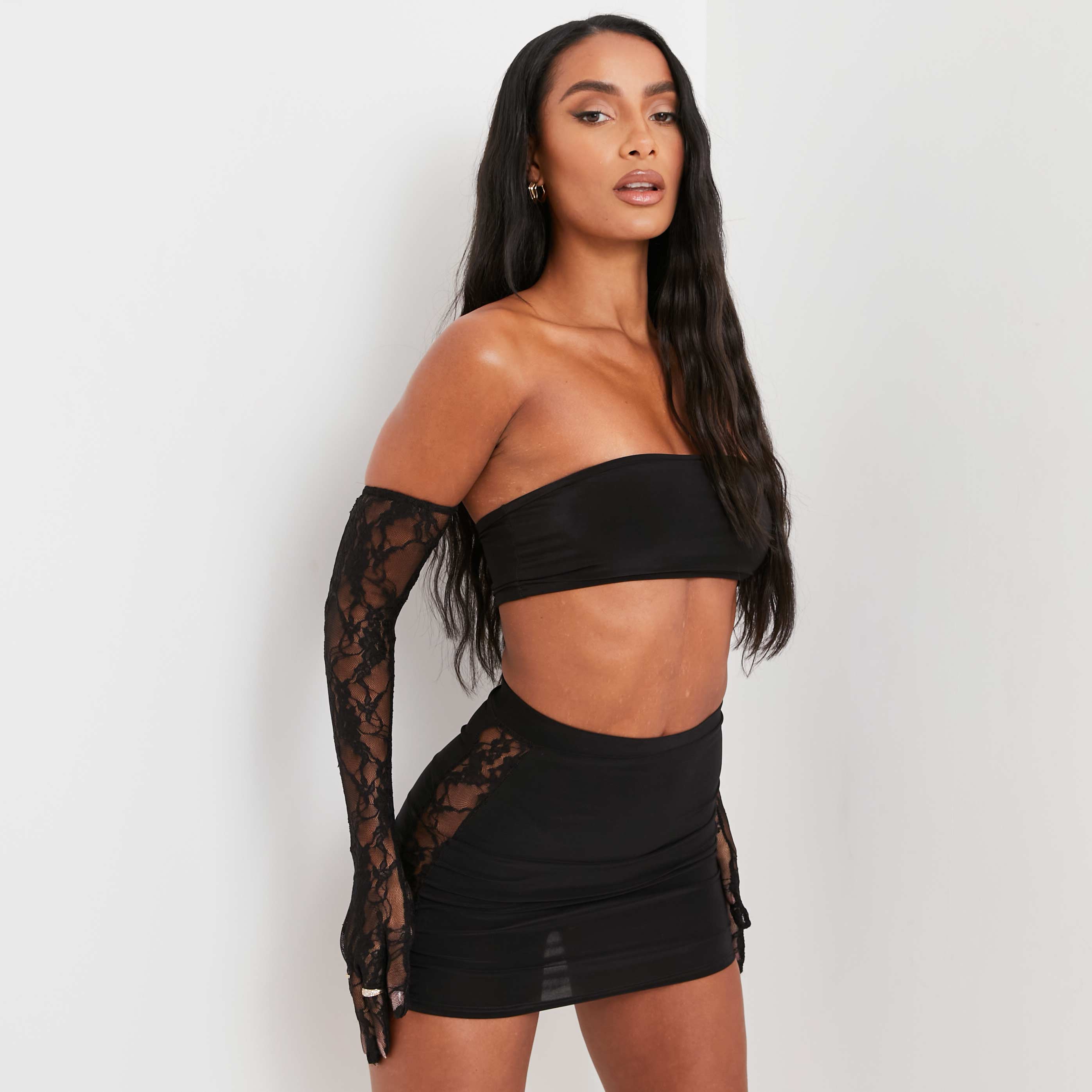 Bandeau Crop Top And Lace Gloves In Black UK 10, Black