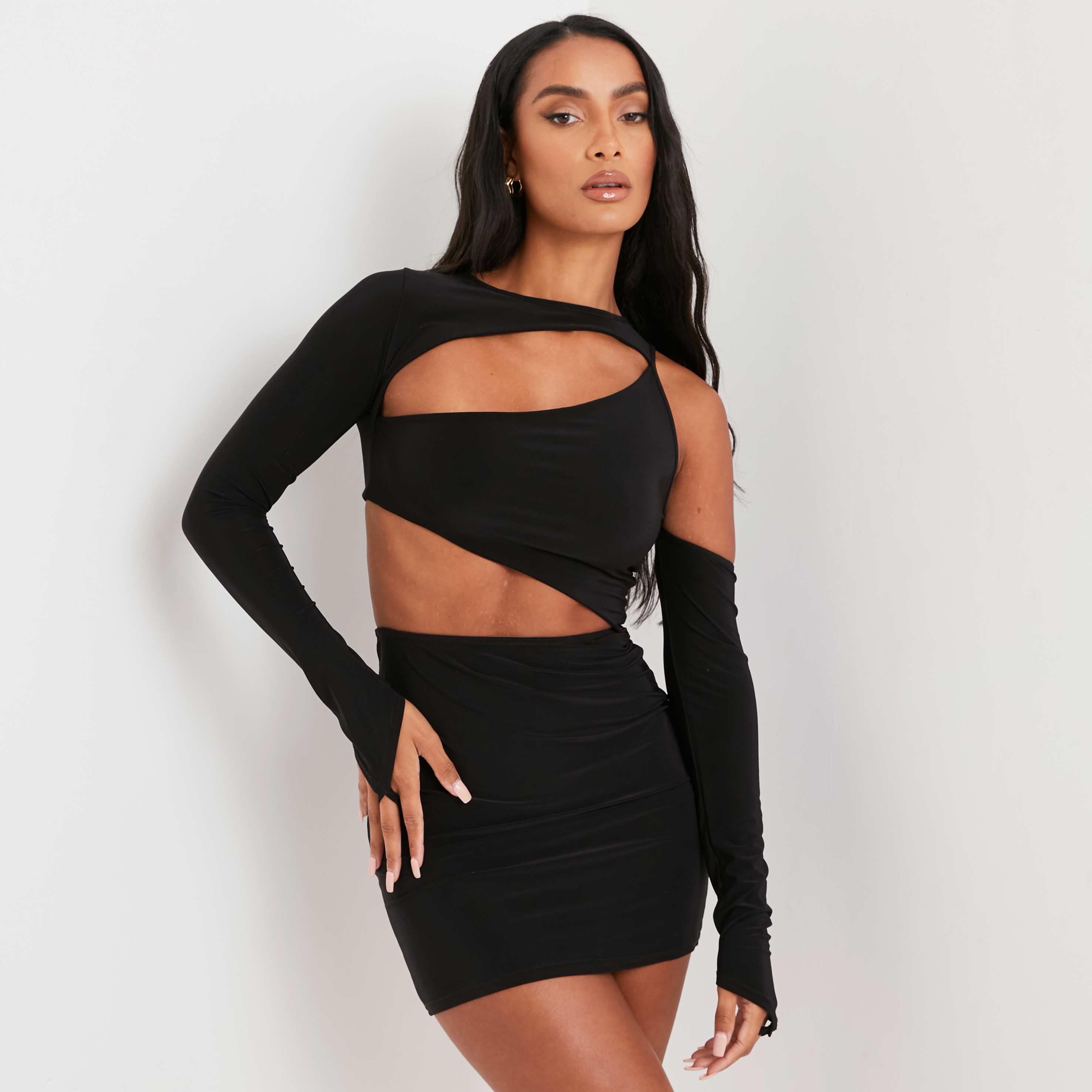 One Shoulder Long Sleeve Cut Out ...