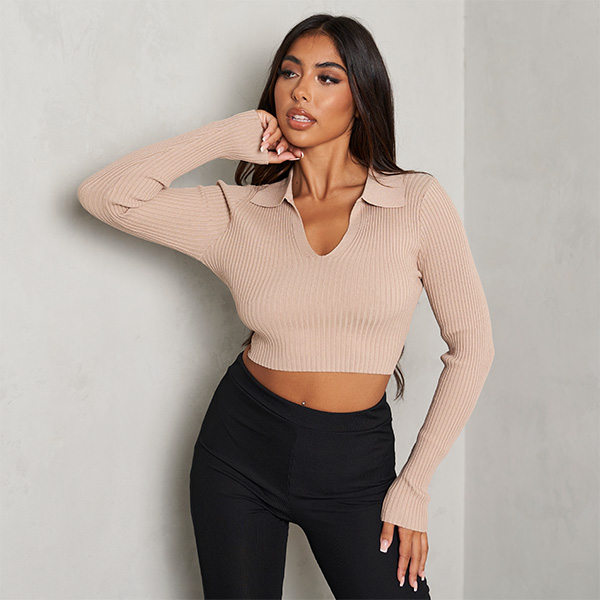 Collared Ribbed Crop Top In Nude UK Medium/Large M/L, Nude