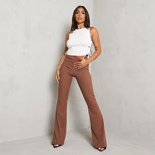 Ribbed Flared Trousers In Brown UK 12, Brown