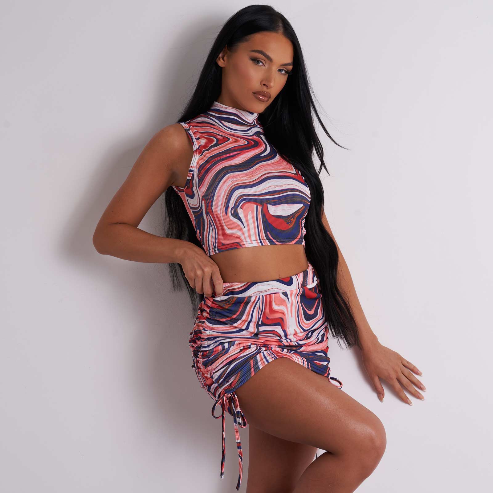 Crop Top And Side Ruched Skirt Set In Red Marble Print UK 12, Red