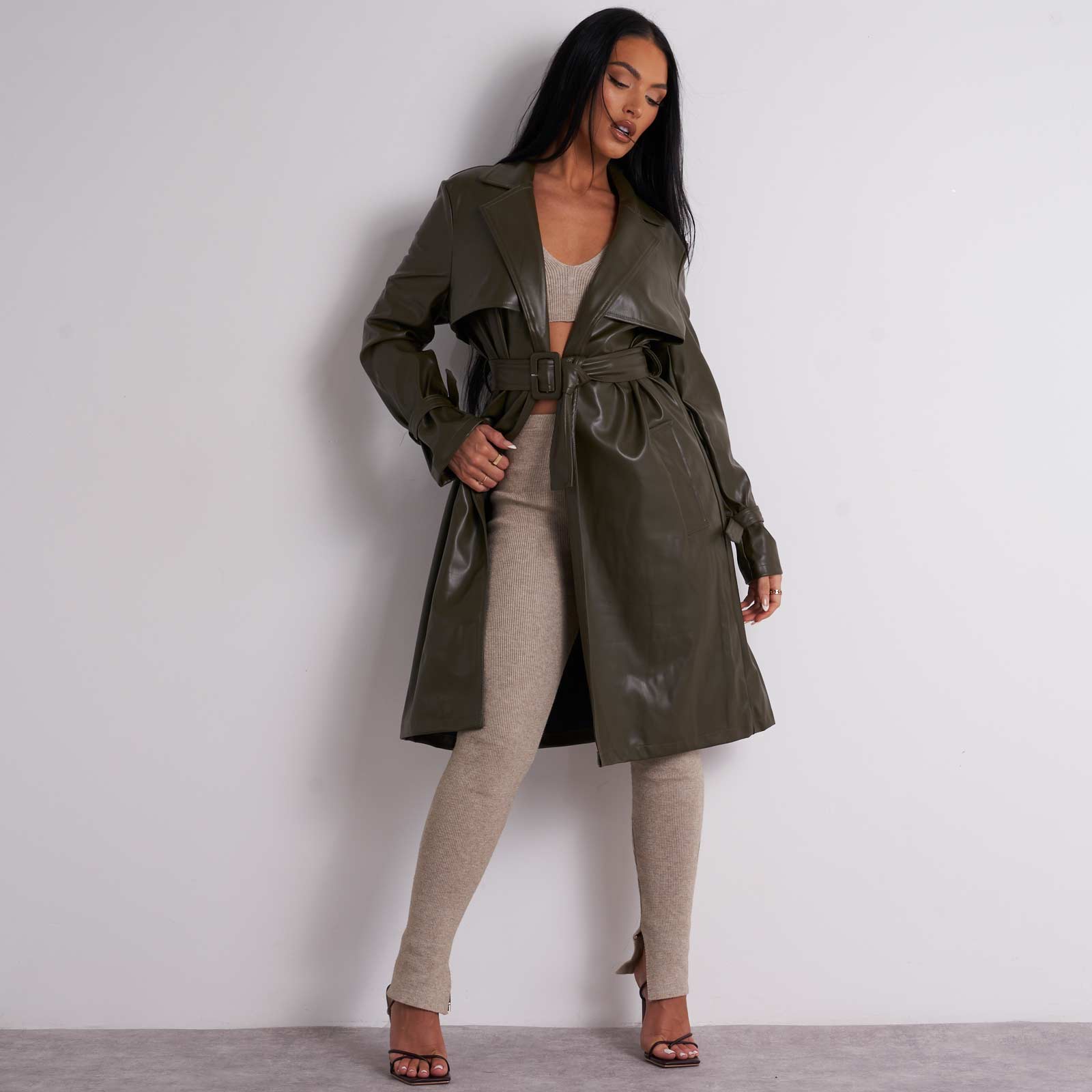 Belted Trench Coat In Khaki Green Faux Leather UK Medium/Large M/L, Green