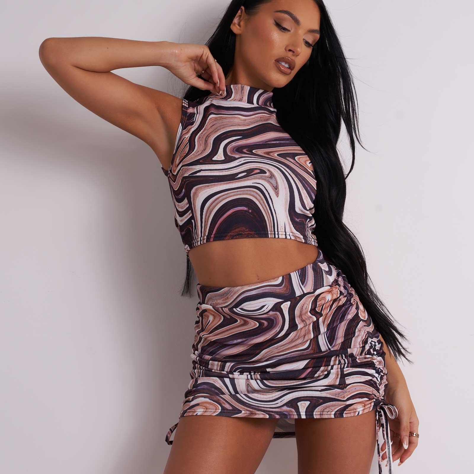 Crop Top And Side Ruched Skirt Set In Brown Marble Print UK 12, Brown