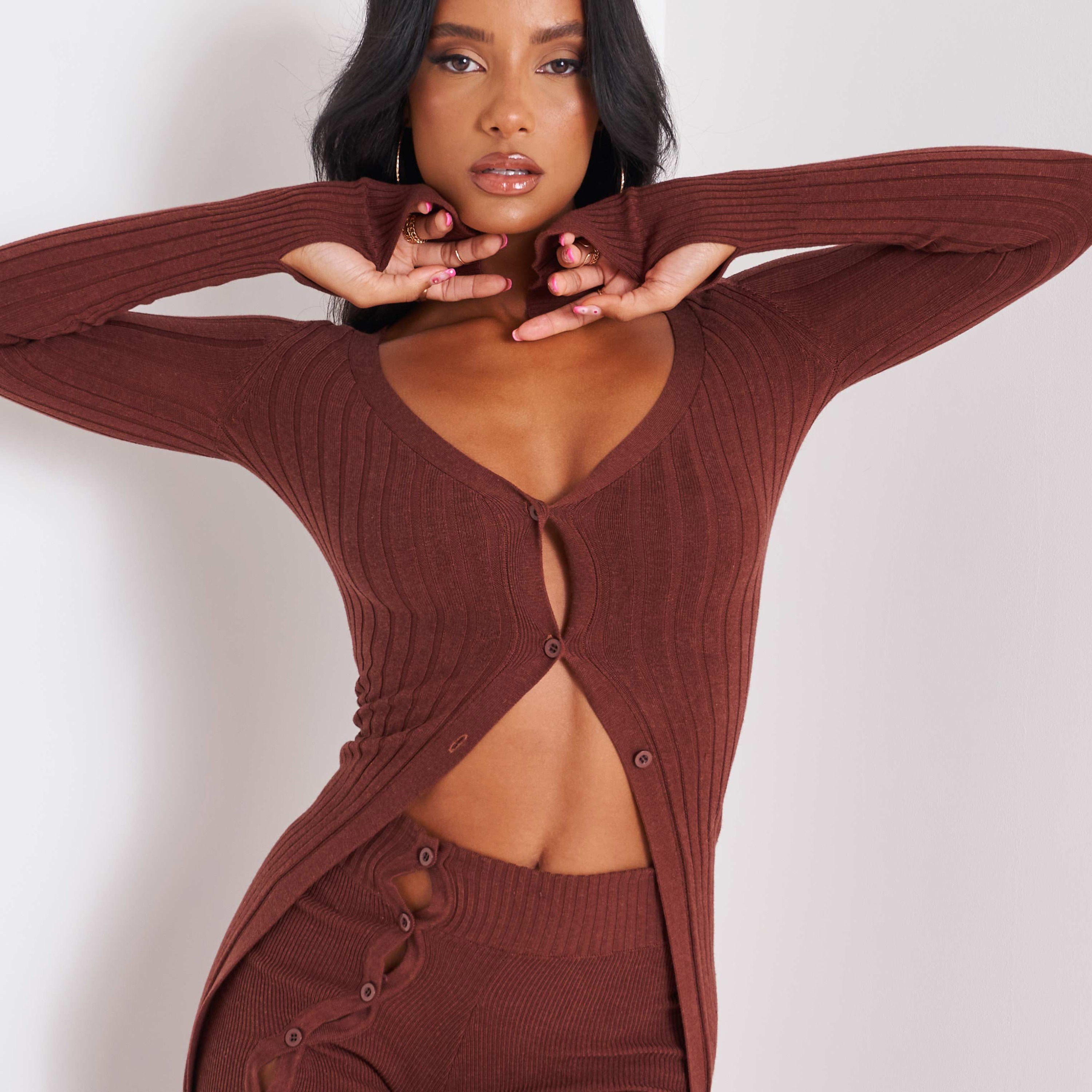 Malia Cut Out Thumb Detail Long Sleeve Maxi Cardigan In Brown Ribbed Knit UK 12, Brown