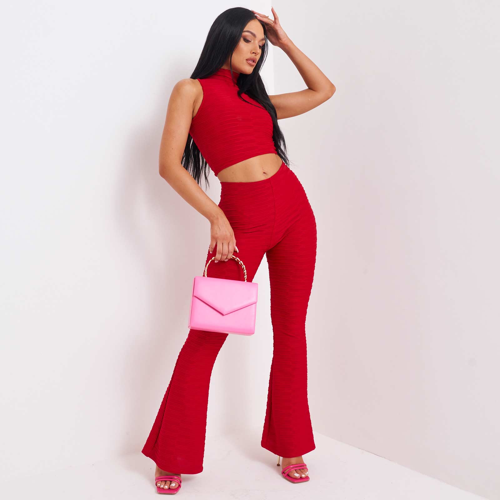 Ruched Crop Top And Trouser Co-Ord Set In Red UK 12, Red