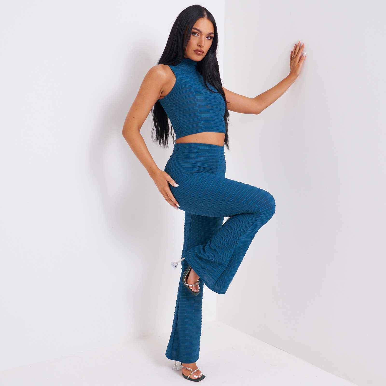 Ruched Crop Top And Trouser Co-Ord Set In Teal Blue UK 12, Blue