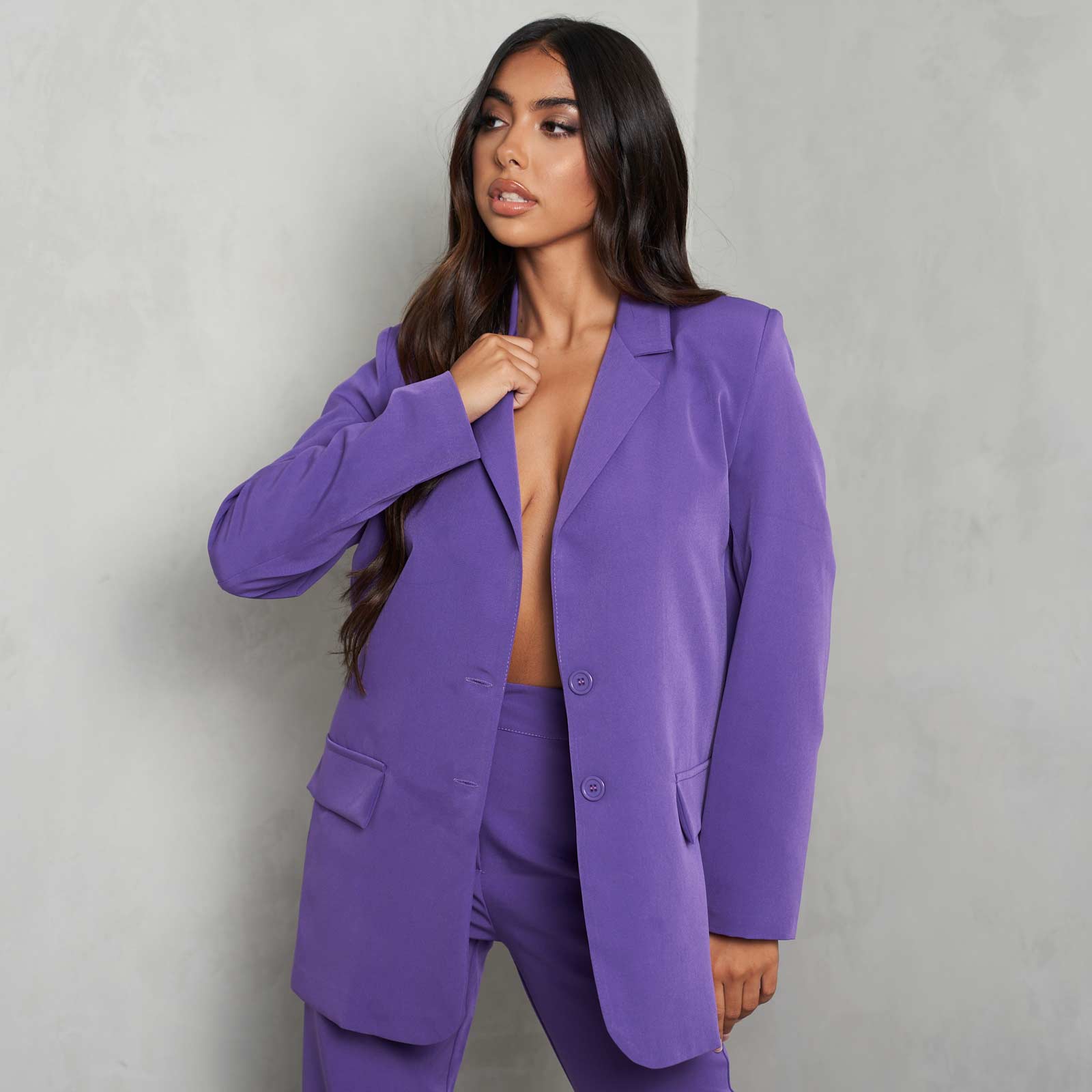 Button Front Oversize Blazer In Purple UK Medium M, Purple