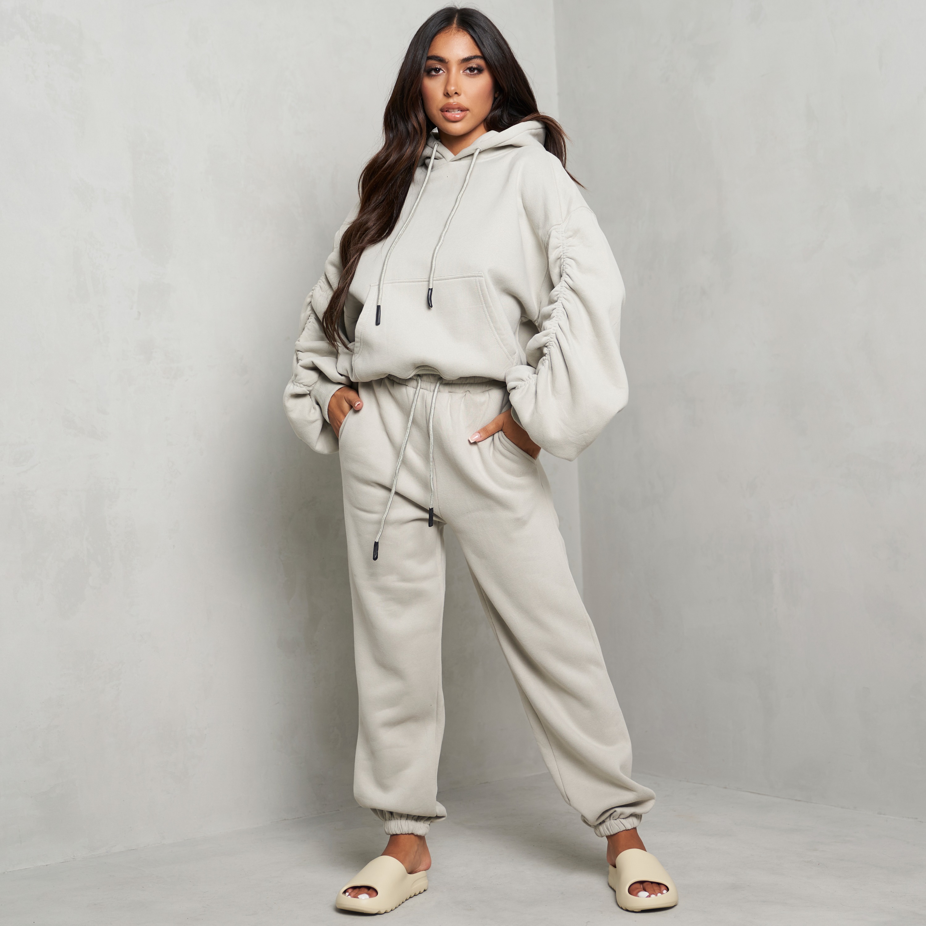 Ruched Sleeve Hoodie And Jogger Set In Grey UK Medium M, Grey
